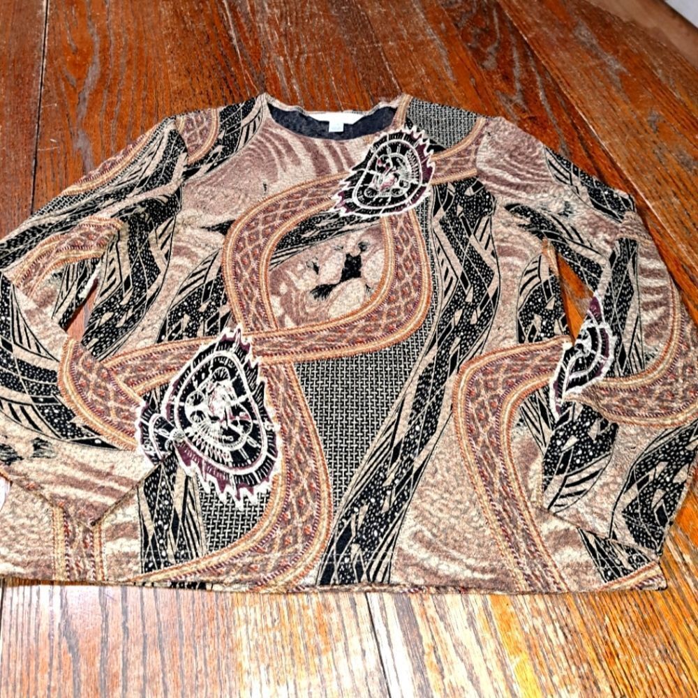 Large Conrad C Long Sleeve Round Neck Textured Pullover Shirt Top Boho Bohemian